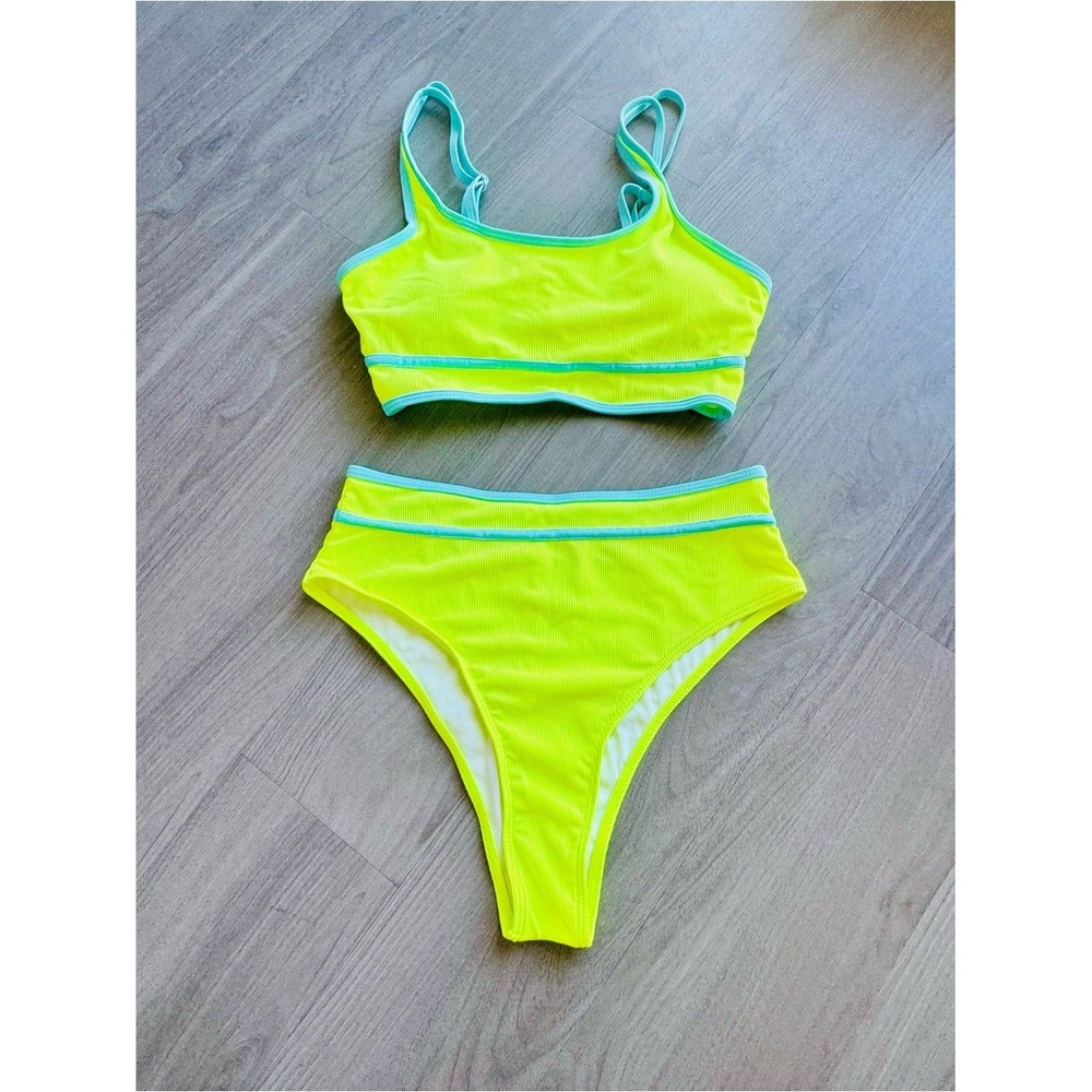Neon Bikini Set Teal Trim High Waist Tank Top Yellow Ribbed Sz M